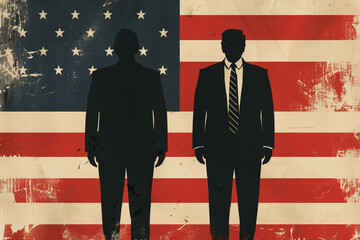 Two Silhouetted Figures Against a Weathered American Flag - A Visual Discourse on National Identity and Leadership

 - obrazy, fototapety, plakaty