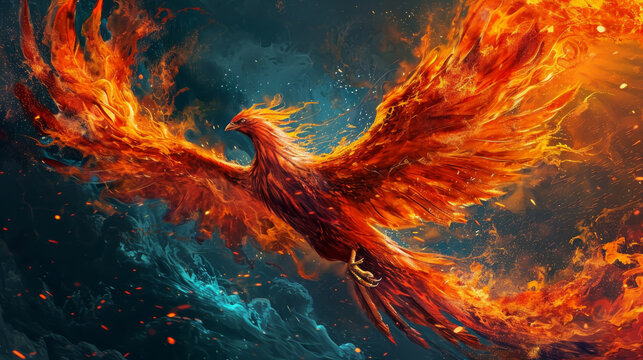 A burning phoenix bird in flight with outstretched wings