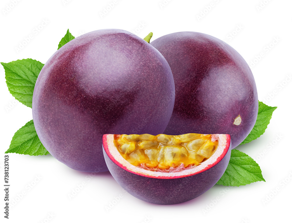 Wall mural isolated passionfruit. two whole and a piece of passion fruits (maracuya), with leaves isolated on w