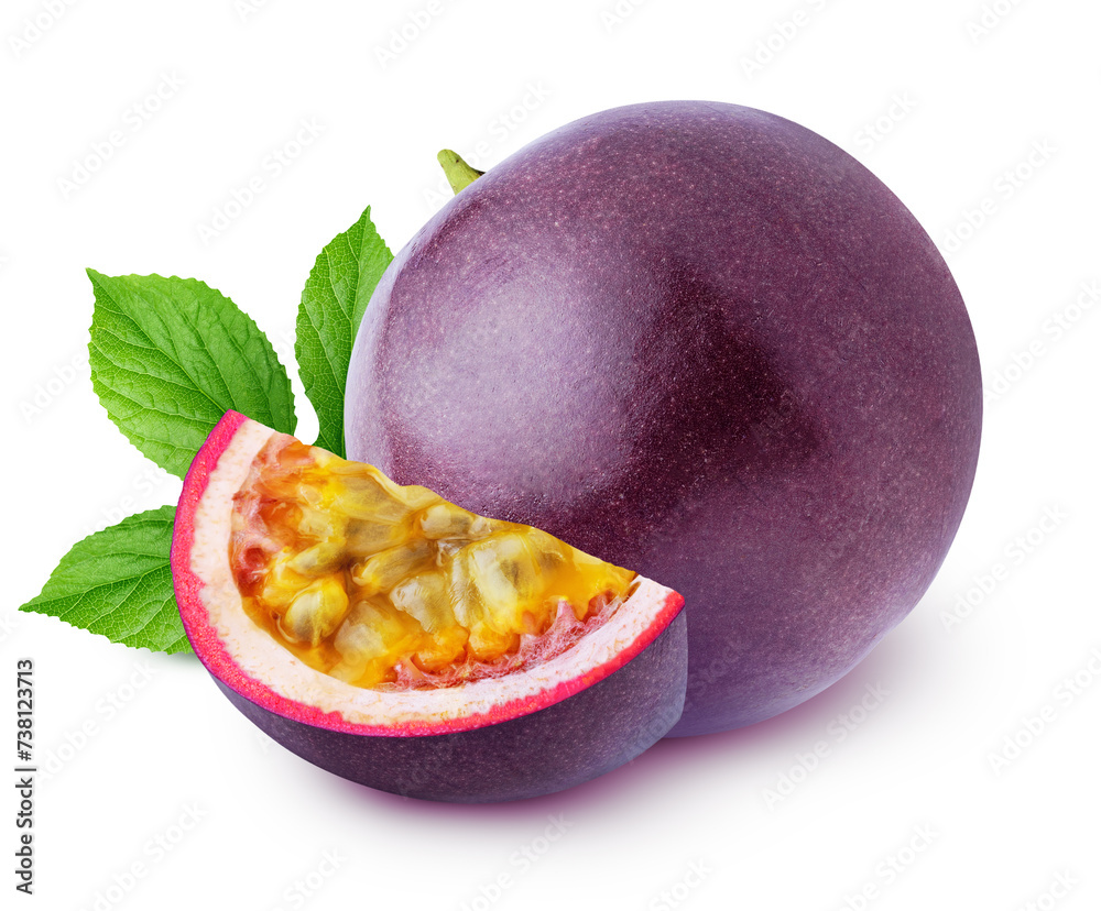 Wall mural isolated passionfruit. whole and a piece of passion fruits (maracuya) with leaves isolated on white 