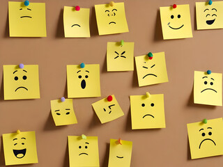 pin emotion faces on sticky notes with cork board concept using sticky notes