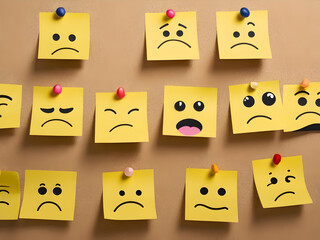 pin emotion faces on sticky notes with cork board concept using sticky notes