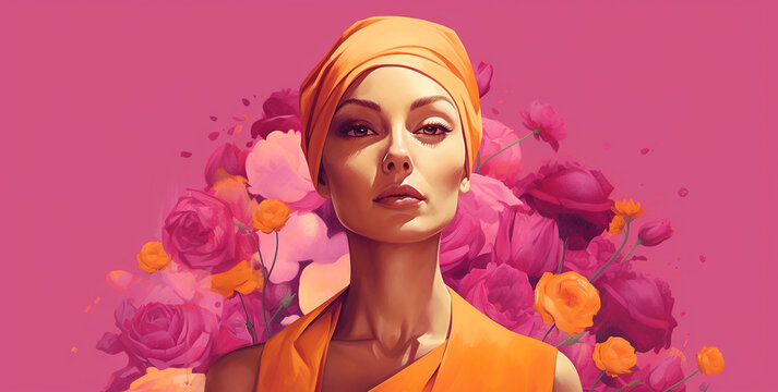Illustration about the Fight against breast cancer, woman's face with pink flowers