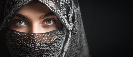 Naklejka premium Woman's eyes close-up. Panorama. Beautiful eye of a Muslim girl in a burqa. Copy space. Created by artificial intelligence.