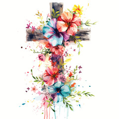 Cross with watercolor flowers on a white background