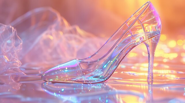 Magical modern Cinderella fairy tale glass slipper. Fashion iridescent high heel pump shoe on pink studio background.
