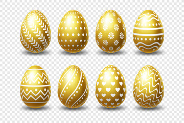 Vector gold shiny metal 3D realistic Easter eggs with ornament on a transparent background. Easter egg hunt element. - obrazy, fototapety, plakaty