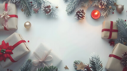 Fototapeta na wymiar Christmas presents and tree decorations, festive holiday background