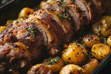 Close-up of a New Zealand lamb roast dish, succulent meat and herbs, traditional preparation, stock photo aesthetic. - obrazy, fototapety, plakaty