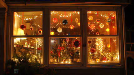 Christmas window decor, indoor lights and ornaments, evening ambiance
