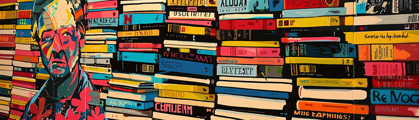 Book lovers paradise stacks of colorful books iconic authors in pop art - obrazy, fototapety, plakaty