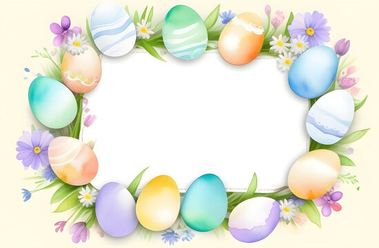 Illustration of Easter watercolor banner with copy space in the middle. Painted eggs and flowers on a yellow background.