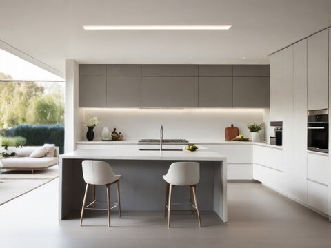 A modern and spacious kitchen, beautifully captured in a photography style reminiscent of architectural photographer