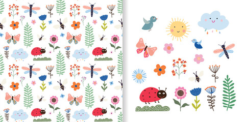 Childish spring and summer set with seamless pattern and cute elements isolated on white, decorative wallpaper, kids ornamental backgrounds