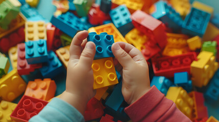 Colorful lego blocks play, children's hands engage in creative construction