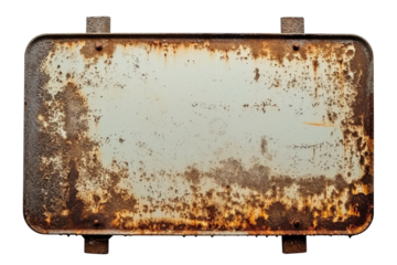 Old rusty metal sign with blank space isolated on transparent or white background, png