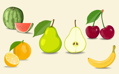 Vector illustration of a set of fruits watermelon, orange, pear and cherry and banana.