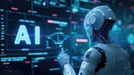Robot with letters "AI". Artificial intelligence, modern technology concept