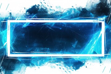 Radiant Neon Glow: Horizontal Neon Blue Grunge with Scratch Effect and White Border, Isolated on White background border frame