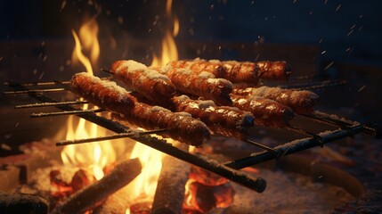In the winter, cook sausage on a stick over a bonfire as the snow falls nearby.