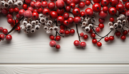Fresh berry fruit on a wooden branch, winter season celebration generated by AI