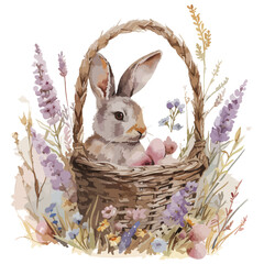 Bunny in a basket easter watercolor hand drawn 
