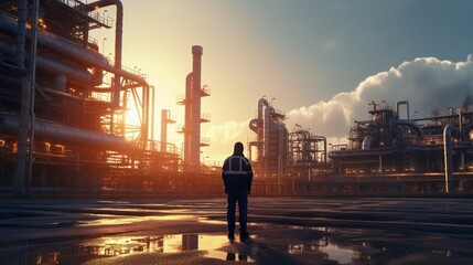 Industrial scene at an oil and gas refinery plant, pipeline for crude oil, and a worker