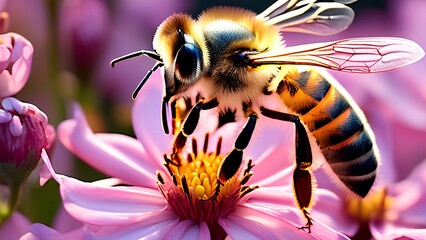 A Macro Shot of a Honey Bee Sucking Nectar sitting on pollen of a flower closeup stock image 