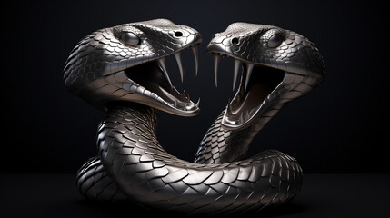 Fototapeta premium a 3d render of a silver render of two cobra's intertwined sticking their tongue outs, on a black background created with Generative AI