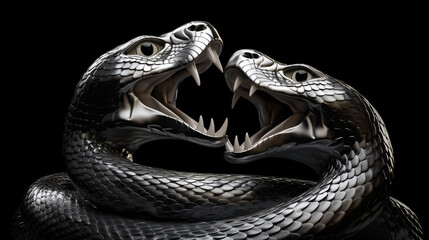 a 3d render of a silver render of two cobra's intertwined sticking their tongue outs, on a black background created with Generative AI