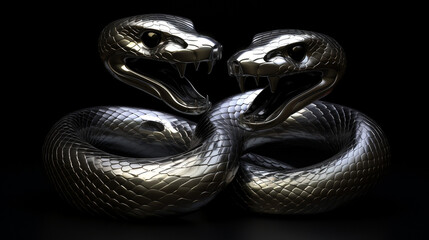 Fototapeta premium a 3d render of a silver render of two cobra's intertwined sticking their tongue outs, on a black background created with Generative AI
