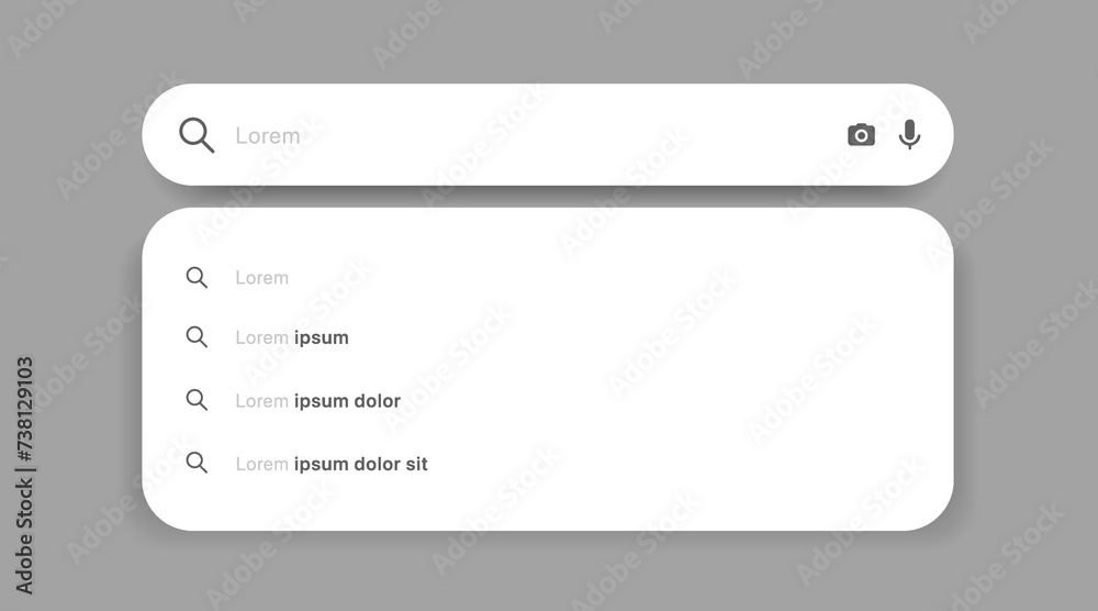 Poster Search Bar with suggestions for UI UX design and web site. Search Address and navigation bar icon. Collection of search form templates for websites. Search engine web browser window template.