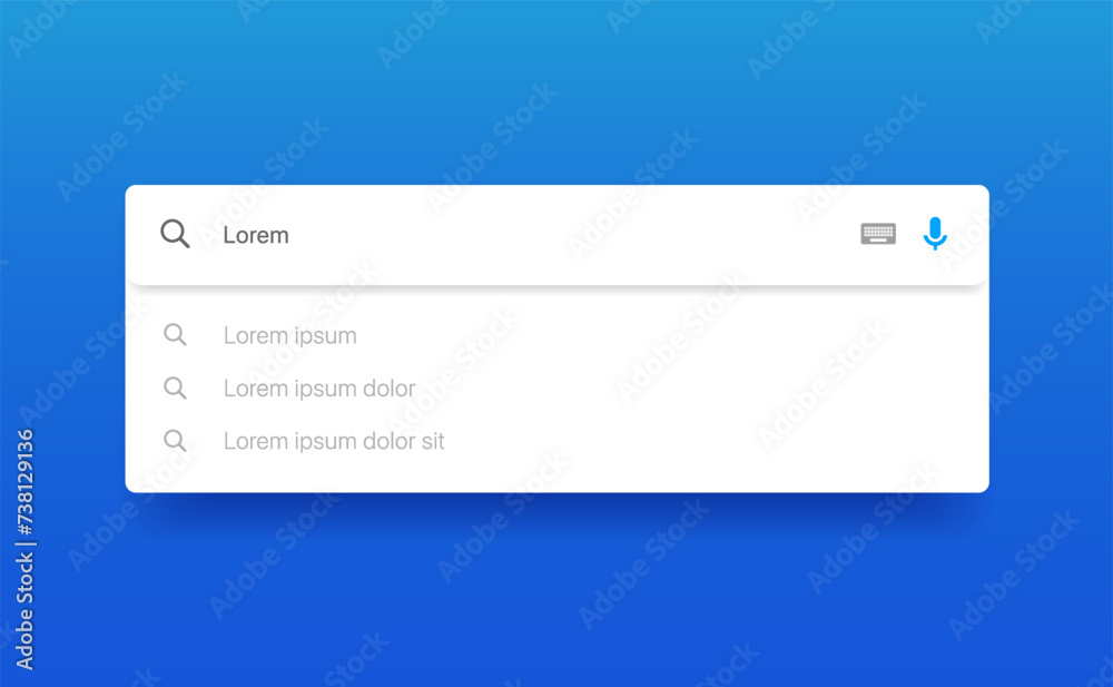 Poster Search Bar with suggestions for UI UX design and web site. Search Address and navigation bar icon. Collection of search form templates for websites. Search engine web browser window template.