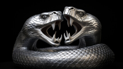 a 3d render of a silver render of two cobra's intertwined sticking their tongue outs, on a black background created with Generative AI