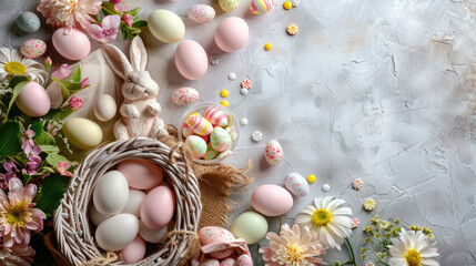 Fototapeta na wymiar Easter composition with pastel colored Easter eggs and festive decoration on light background, top view