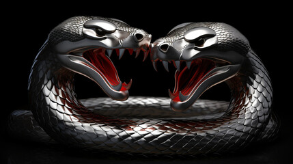 Obraz premium a 3d render of a silver render of two cobra's intertwined sticking their tongue outs, on a black background created with Generative AI