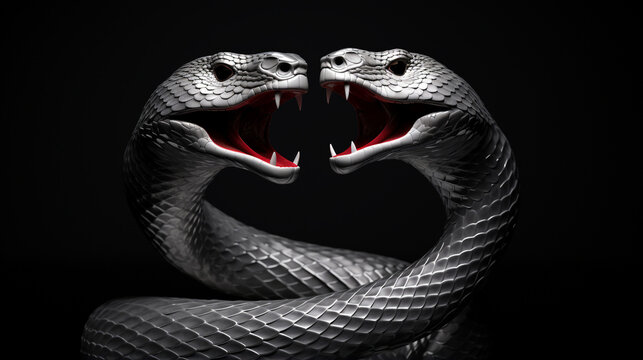 a 3d render of a silver render of two cobra's intertwined sticking their tongue outs, on a black background created with Generative AI