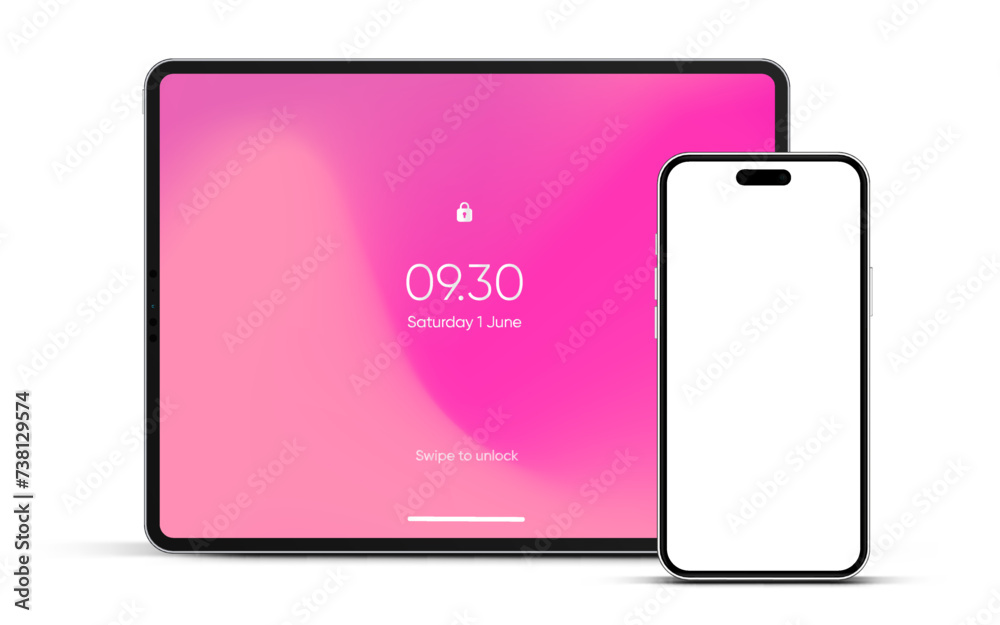 Poster Modern tablet mockup front view and high quality smartphone and tablet mockup isolated on white background. Notebook mockup and phone device mockup for ui ux app and website presentation.Stock Vector.