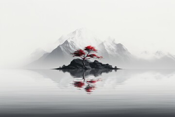 red tree in black and white landscape