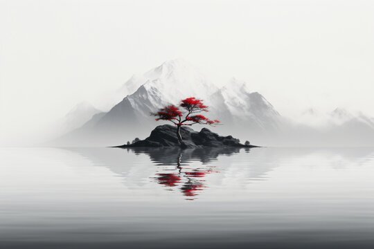 red tree in black and white landscape
