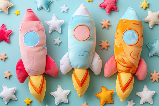three soft plush toy space rockets and stars in pastel colors on blue background