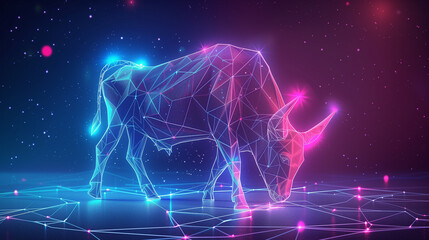 Neon Polygonal Bull in a Virtual Landscape Reflecting Market Dynamics