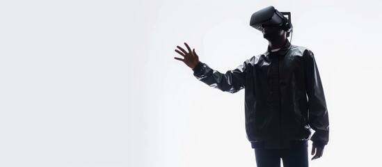 Virtual reality headset on white background amazed man full-length portrait.
