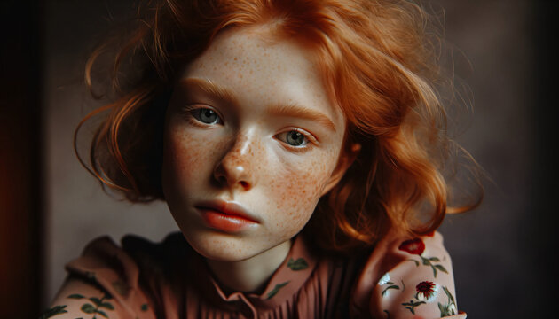 A little girl with red curly hair and freckled face