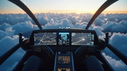 view of an aero taxi's cockpit, with an AI pilot navigating through a cloud-filled sky, highlighting innovation in autonomous flight