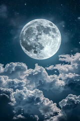 Naklejka na ściany i meble clouds and full moon in the night sky, magic illustration for kids books.