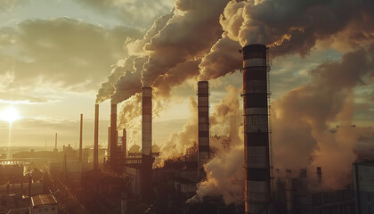 : Factory pipes polluting air with smoke, highlighting environmental issues in industry - obrazy, fototapety, plakaty