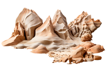 Rock formations arranged on a smooth sand surface over transparent background