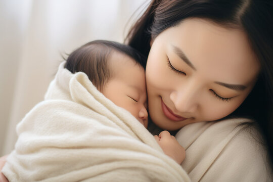 AI generated photo of happy loving mum caring of her sleeping newborn baby at home indoors