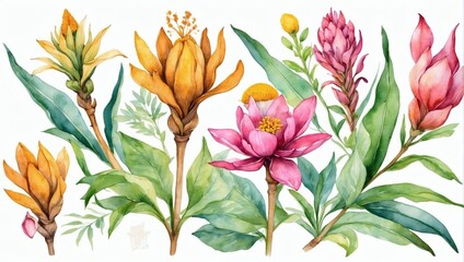 Turmeric floral design. Watercolor vibrant flowers. - obrazy, fototapety, plakaty